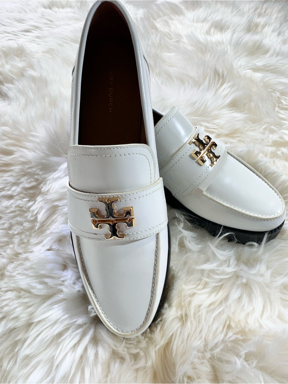Tory Burch White Leather Men's Loafers with Gold Logo Accent
